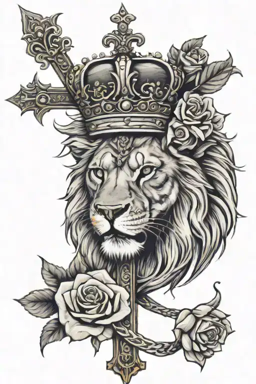 Christian Cross with roses with a lion wearing a crown  tattoo design idea