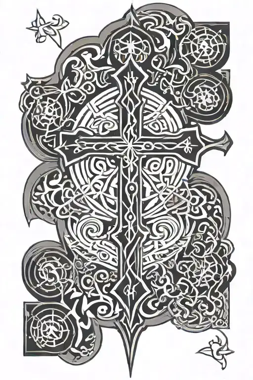 A minimalist design of a stylized cross intertwined with intricate geometric patterns, symbolizing the connection between faith and knowledge tattoo design idea