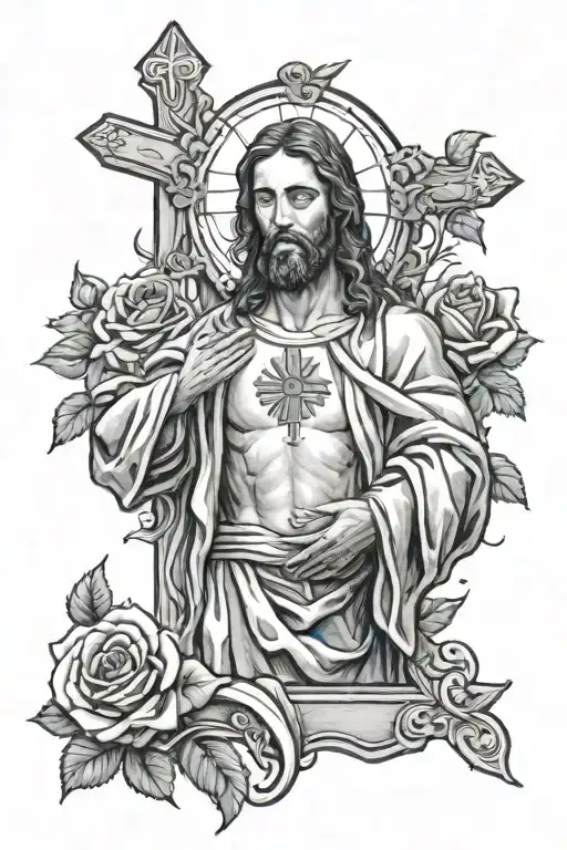 Jesus praying with a cross behind and roses  tattoo design idea