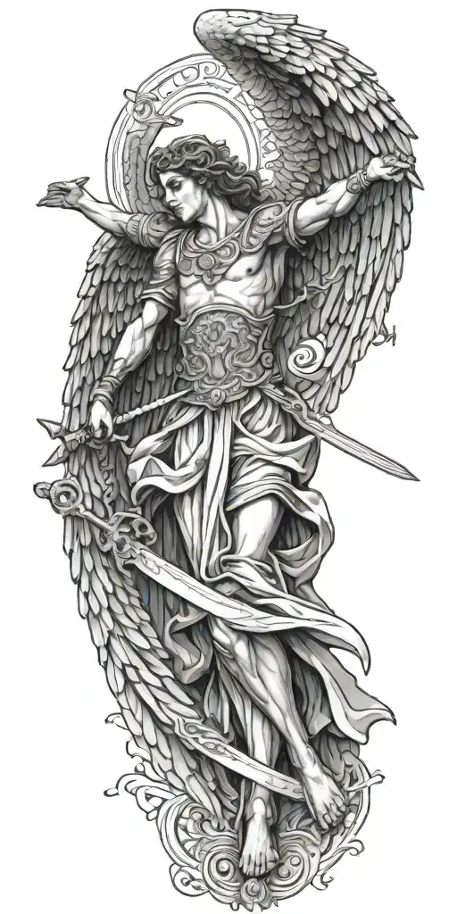 Greek style angel with wings spread wide and a cross and sword behind. bible scripture is underneath  tattoo design idea