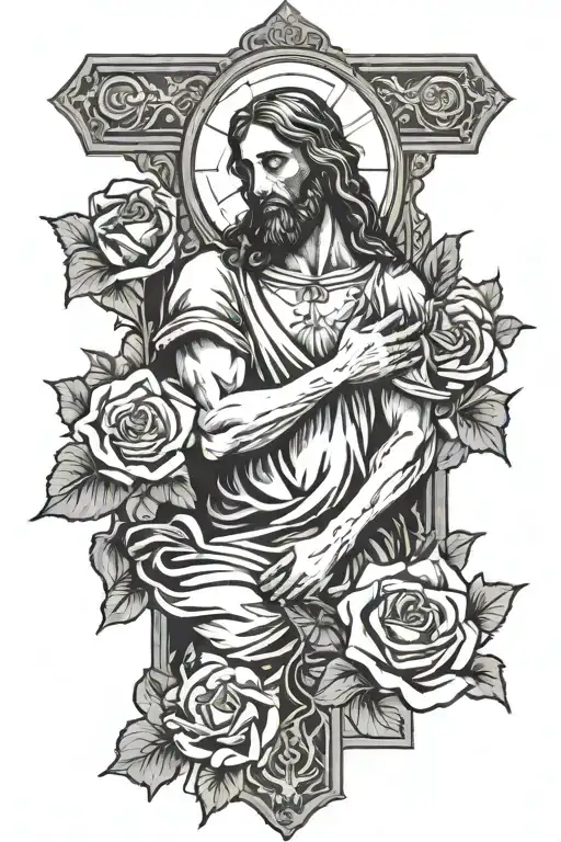 Jesus praying with a cross behind and roses  tattoo design idea