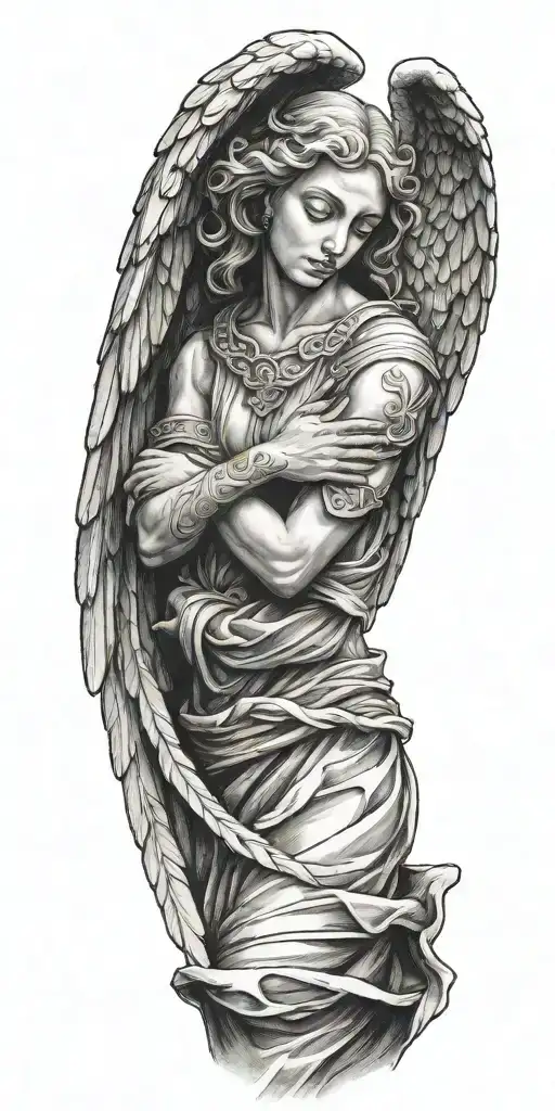 angel with wings praying. there's a cross in the back  tattoo design idea