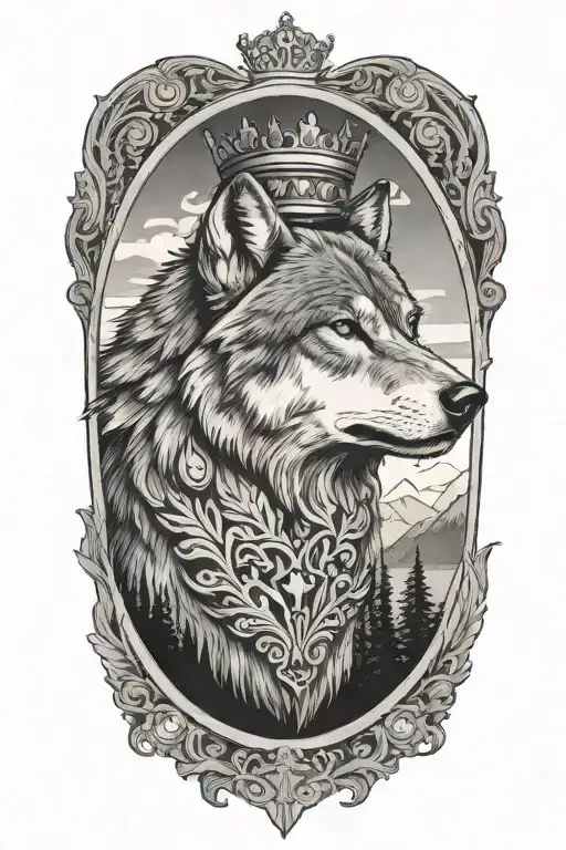 wolf with a crown overlooking Lake Tahoe  tattoo design idea