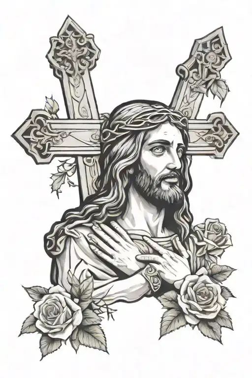 Jesus praying with a cross behind and roses  tattoo design idea