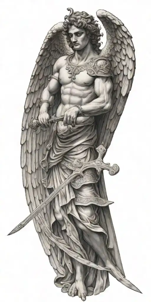 Greek style angel with wings holding sword. behind the angel is a giant cross  tattoo design idea