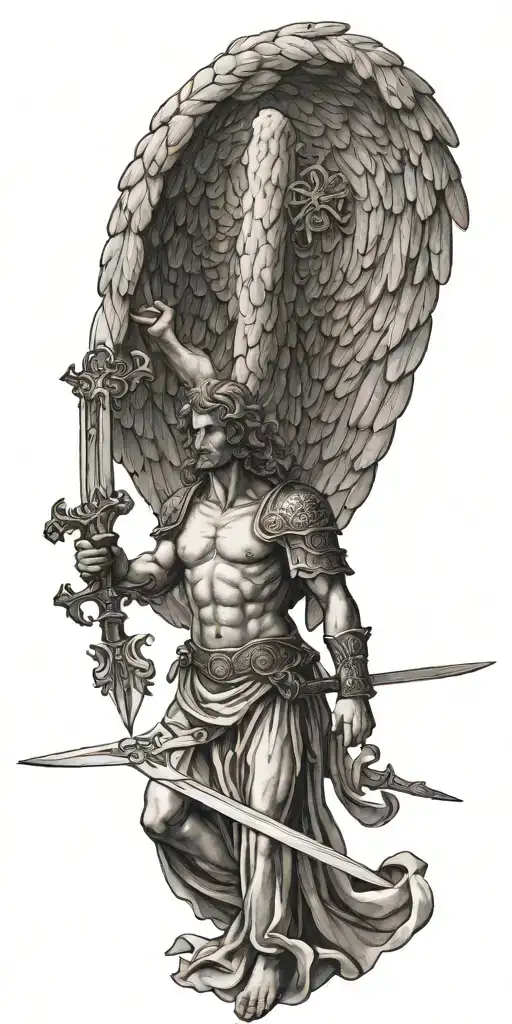 Greek style angel with wings spread wide. behind the angel is a cross and sword  tattoo design idea