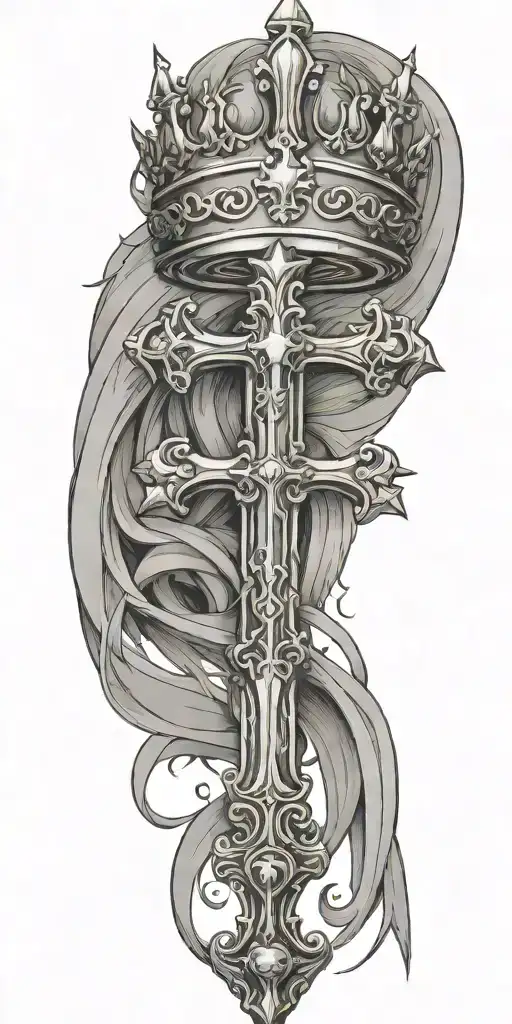 sword with crown hanging and a cross  tattoo design idea