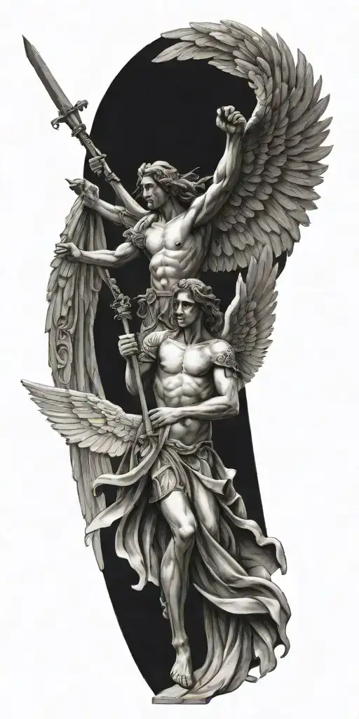 Greek style angel with wings spread wide. behind the angel is a cross and sword  tattoo design idea