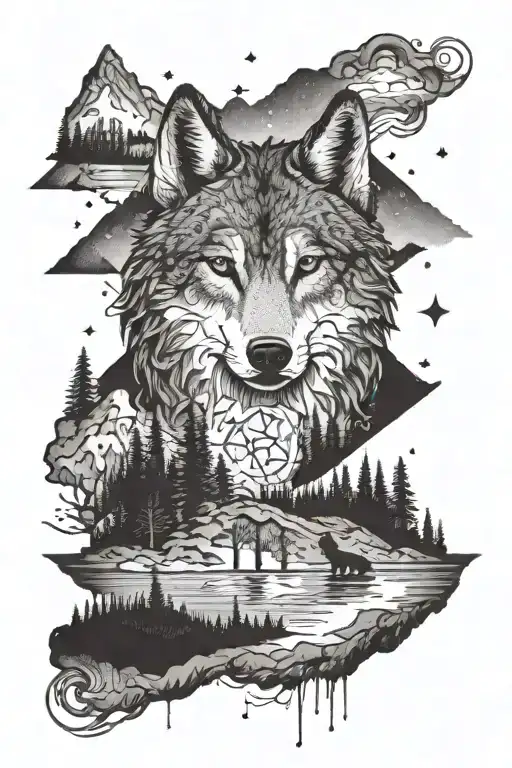 An intricate dotwork design incorporating Christian symbols and elements of nature, such as a wolf and Lake Tahoe scenery tattoo design idea
