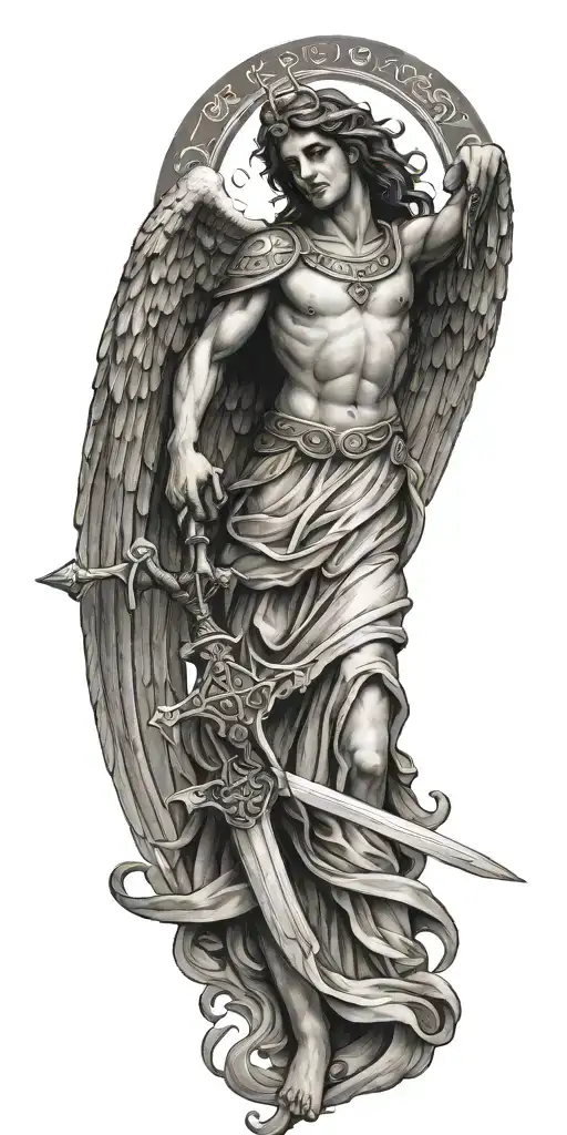 Greek style angel with wings spread wide and a cross and sword behind.  tattoo design idea