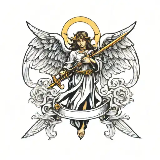 angel with wings with a sword and a cross behind it  tattoo design idea