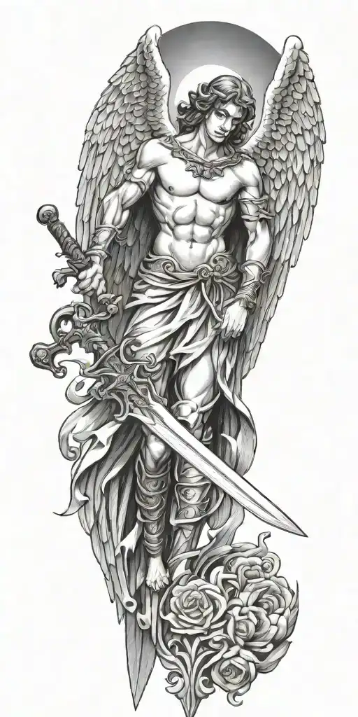 angel with wings holding a sword. The Christian cross is right behind it  tattoo design idea