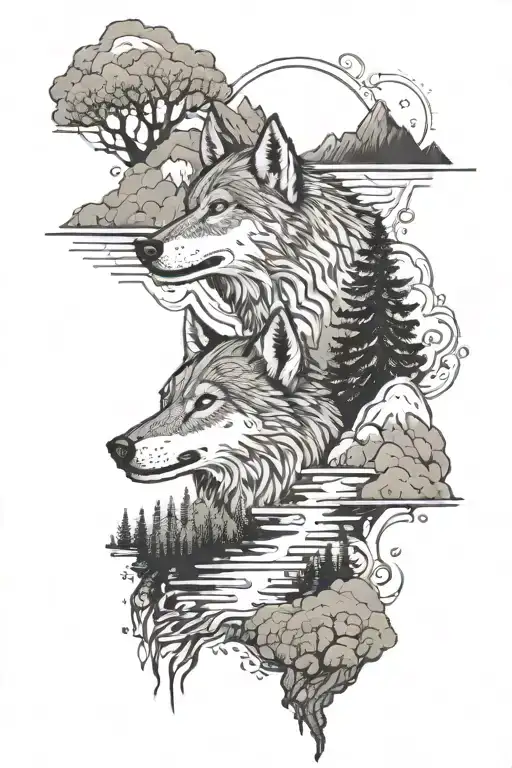 An intricate dotwork design incorporating Christian symbols and elements of nature, such as a wolf and Lake Tahoe scenery tattoo design idea