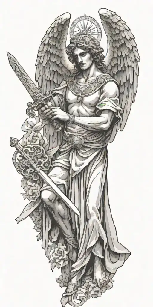 Greek style angel with wings holding sword. behind the angel is a giant cross  tattoo design idea