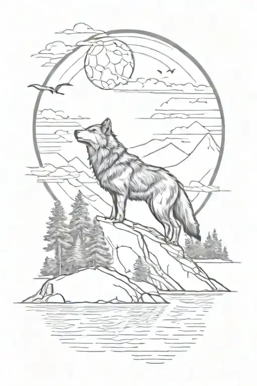 Lake Tahoe with wolf howling at the moon. the moon is creating a shadow of a cross  tattoo design idea