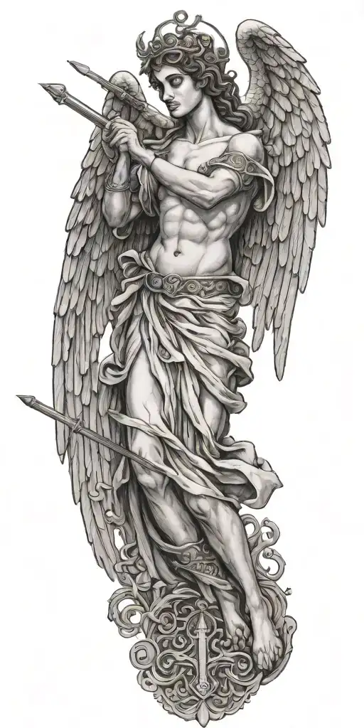 Greek style angel with wings spread wide and a cross and sword behind  tattoo design idea