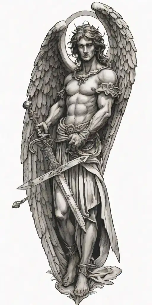 angel with wings holding a sword. The Christian cross is right behind it  tattoo design idea