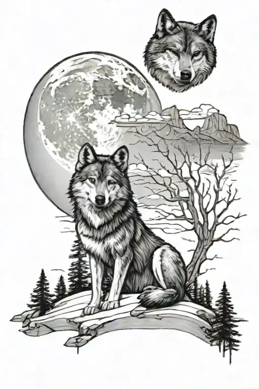 sand harbor lake tahoe with small wolf looking towards the moon with a shadow of a cross  tattoo design idea