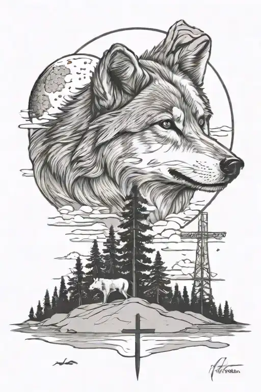sand harbor lake tahoe with small wolf looking towards the moon with a shadow of a cross  tattoo design idea
