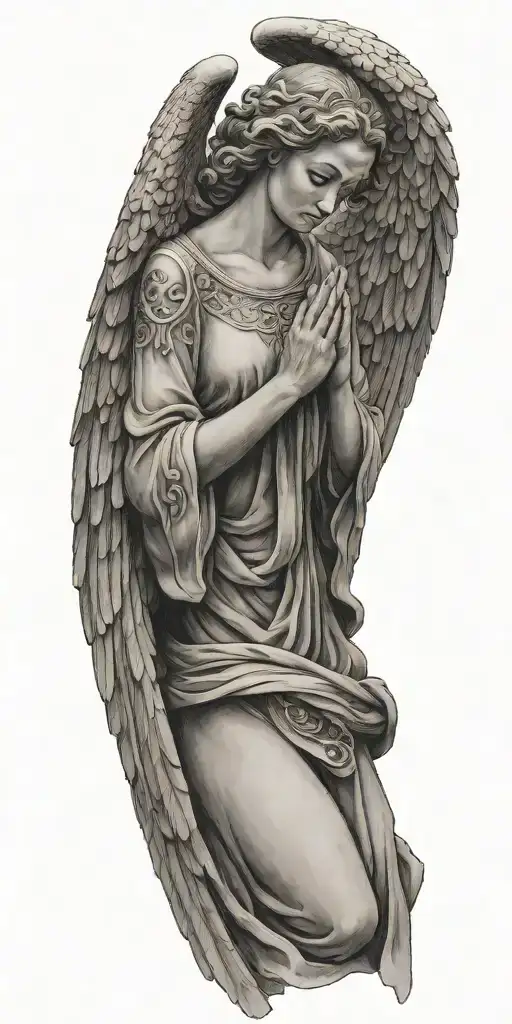 angel with wings praying. there's a cross in the back  tattoo design idea