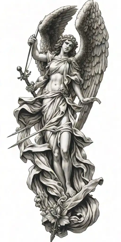 Greek style angel with wings spread wide. behind the angel is a cross and sword  tattoo design idea