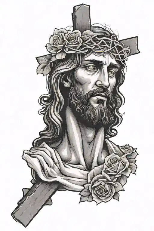 Jesus praying with a cross behind and roses  tattoo design idea