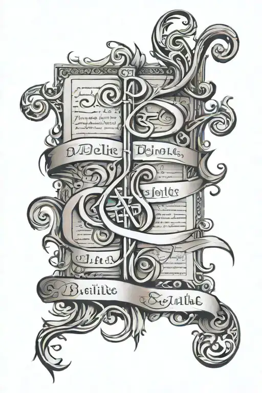 An abstract representation of a bible scripture in a calligraphy style, with hidden symbols and meanings within the design tattoo design idea