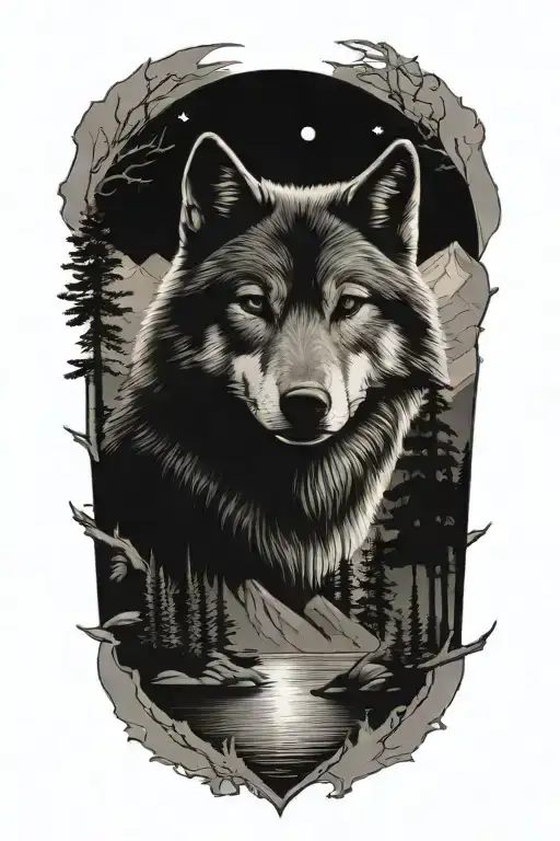A detailed blackwork tattoo of a wolf in a serene setting inspired by Sand Harbor Lake Tahoe tattoo design idea