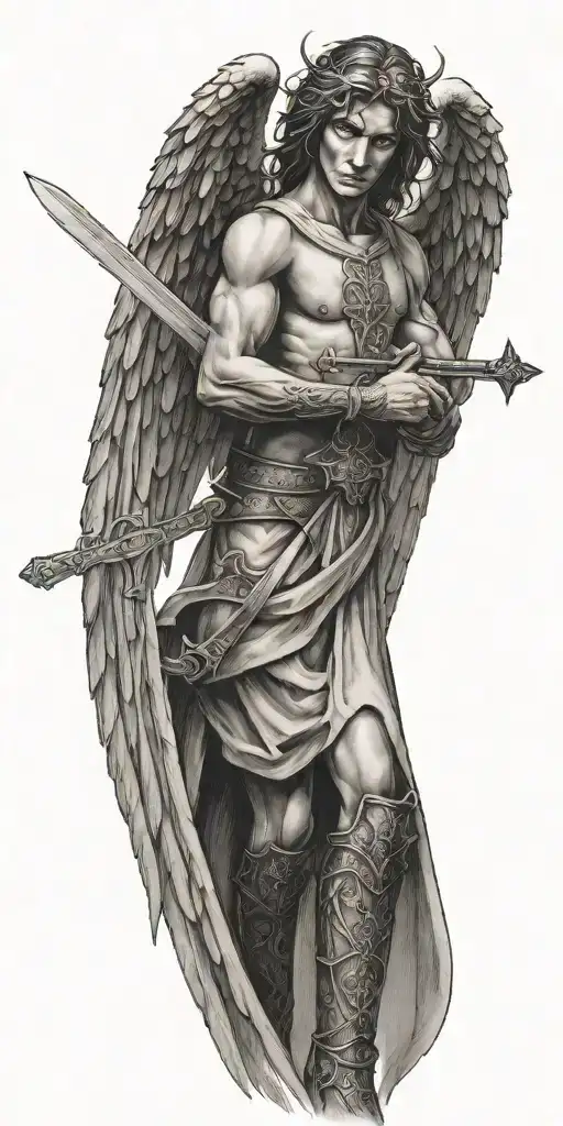 angel with wings with a sword and a cross behind it  tattoo design idea