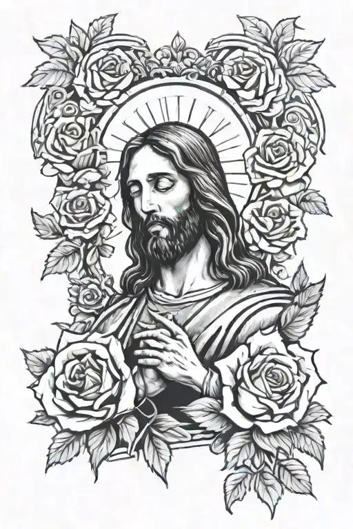 Jesus praying with a cross behind and roses  tattoo design idea