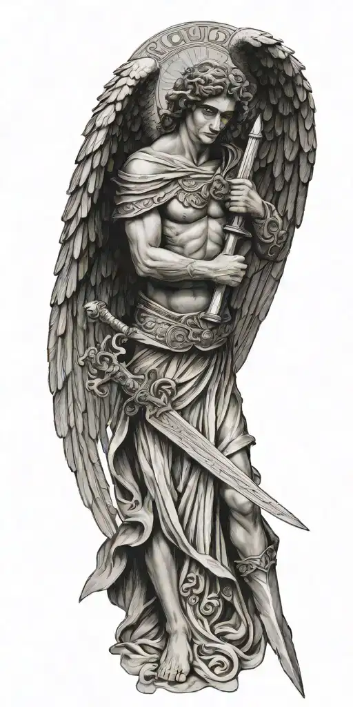 Greek style angel with wings holding sword. behind the angel is a giant cross  tattoo design idea