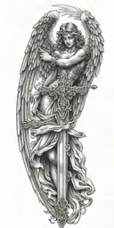angel with wings with a sword and a cross behind it  tattoo design idea