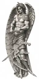 Greek style angel with wings holding sword. behind the angel is a giant cross  tattoo design idea