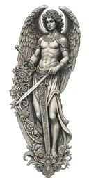 Greek style angel with wings holding sword. behind the angel is a giant cross  tattoo design idea