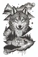 An intricate dotwork design incorporating Christian symbols and elements of nature, such as a wolf and Lake Tahoe scenery tattoo design idea