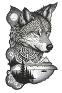 An intricate dotwork design incorporating Christian symbols and elements of nature, such as a wolf and Lake Tahoe scenery tattoo design idea