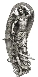 Greek style angel with wings spread wide and a cross and sword behind.  tattoo design idea