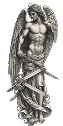 Greek style angel with wings spread wide and a cross and sword behind.  tattoo design idea