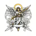 angel with wings with a sword and a cross behind it  tattoo design idea