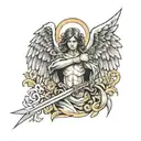 angel with wings with a sword and a cross behind it  tattoo design idea