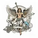 angel with wings with a sword and a cross behind it  tattoo design idea