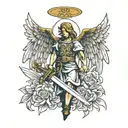 angel with wings with a sword and a cross behind it  tattoo design idea