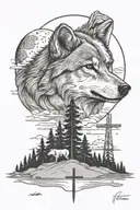 sand harbor lake tahoe with small wolf looking towards the moon with a shadow of a cross  tattoo design idea