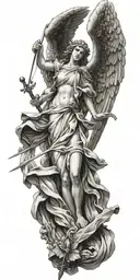Greek style angel with wings spread wide. behind the angel is a cross and sword  tattoo design idea