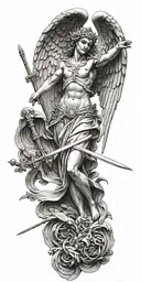 Greek style angel with wings spread wide. behind the angel is a cross and sword  tattoo design idea