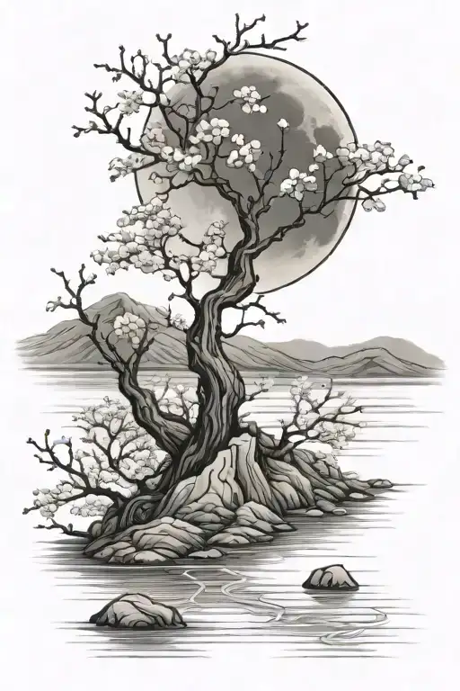 Cherry blossom tree by a river with a full moon and mountains in the background tattoo design idea