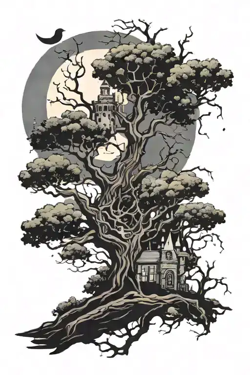 poison tree with castle in the back and a full moon tattoo design idea