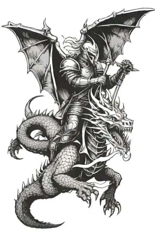knight riding a dragon breathing fire dark fantasy tattoo design idea