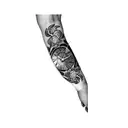 a clock with roses and a dove holding a purple ribbon  tattoo design idea