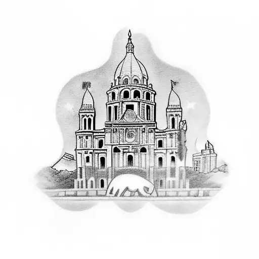 A traditional-style tattoo featuring iconic Texas landmarks like the Alamo and the State Capitol, with hidden Disney characters incorporated into the design tattoo design idea